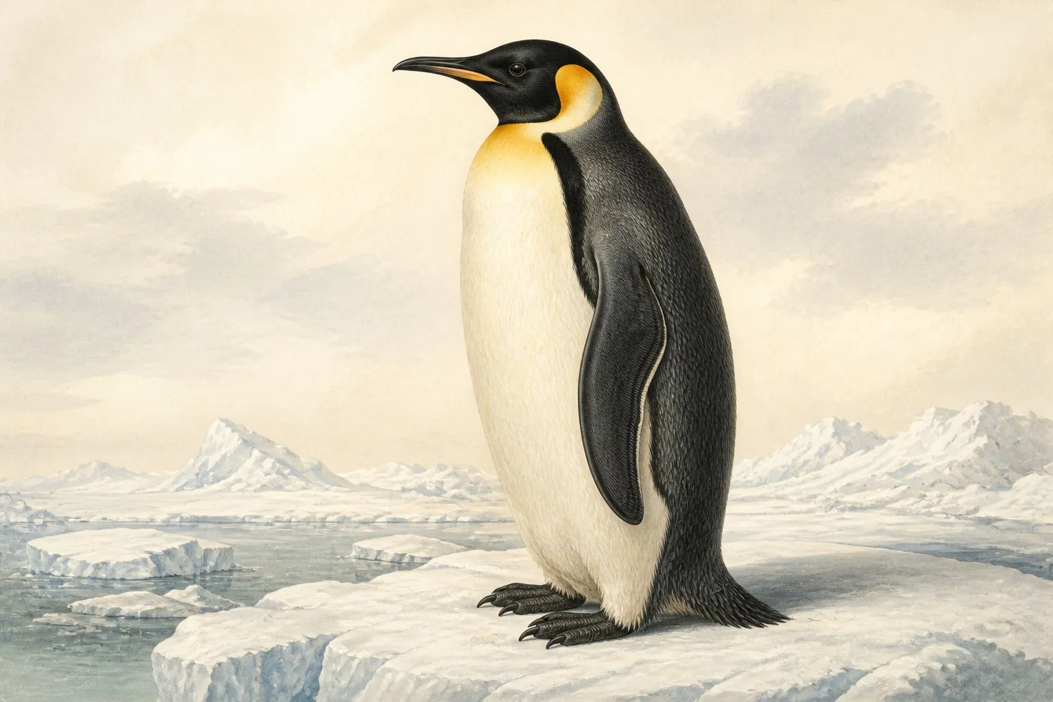 Emperor Penguin standing on Antarctic sea ice with chick on feet, in the Audubon style