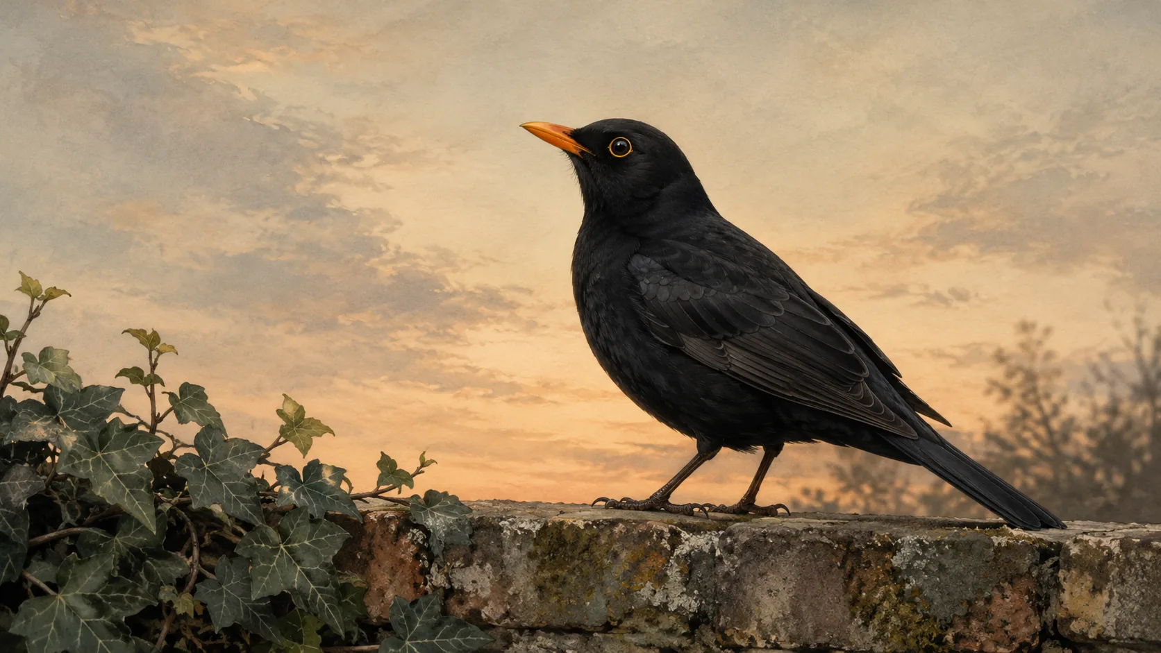 Male Eurasian Blackbird perched on a garden wall at dusk, glossy black plumage and orange bill, in the Audubon style