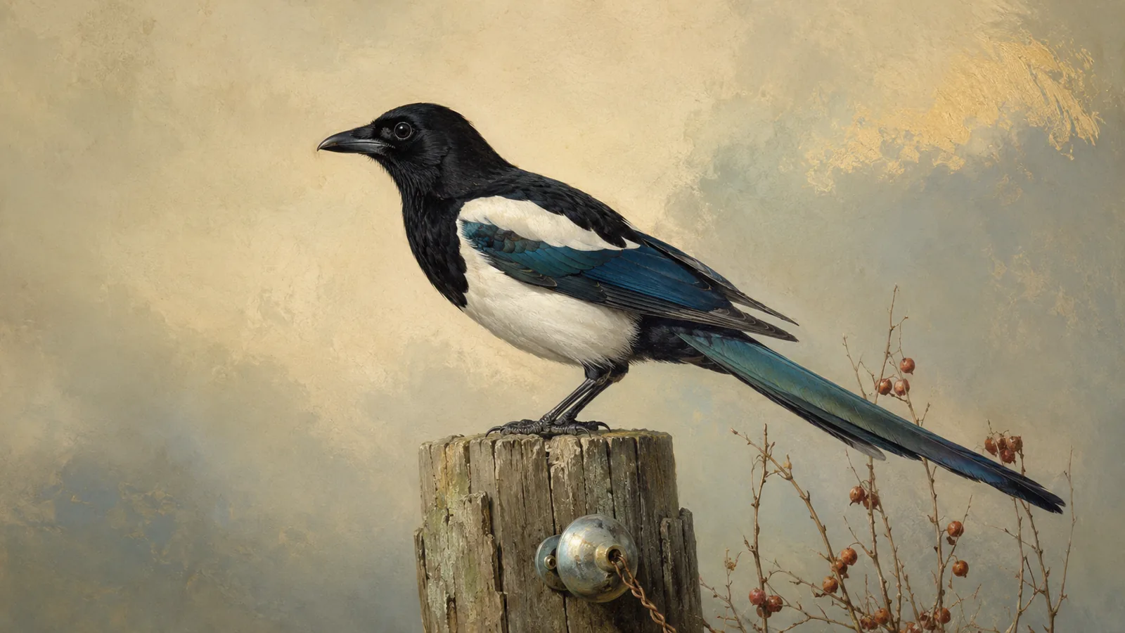 Eurasian Magpie perched on a frost-covered branch, iridescent tail catching winter light, in the Audubon style