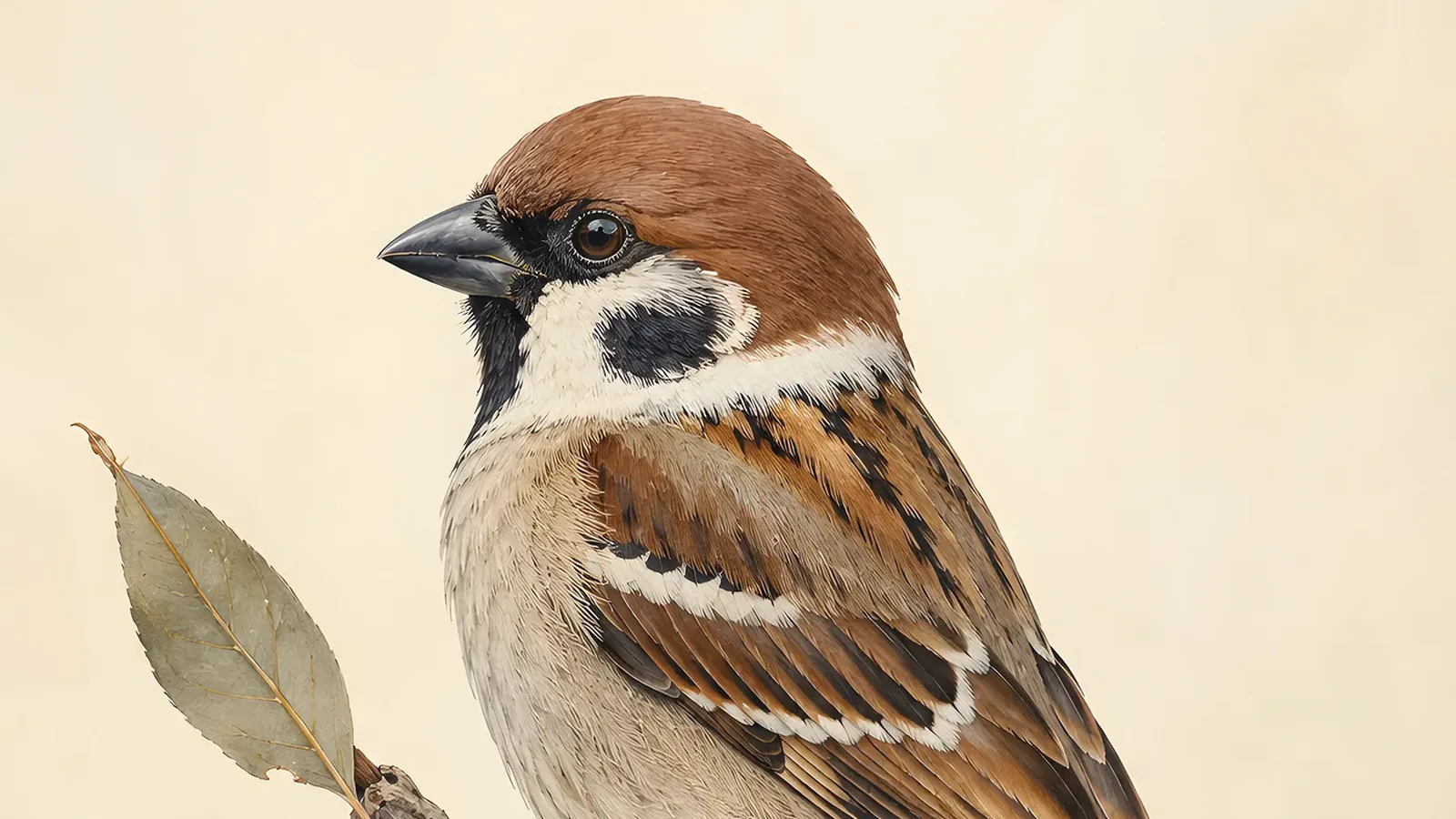 Eurasian Tree Sparrow perched on a branch, showing chestnut crown and black cheek spot, in the Audubon field-journal style