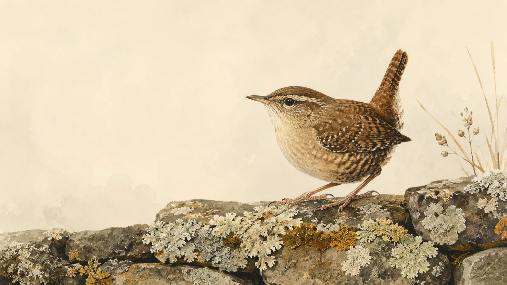 Eurasian Wren perched on a lichen-covered stone wall, in the Audubon style