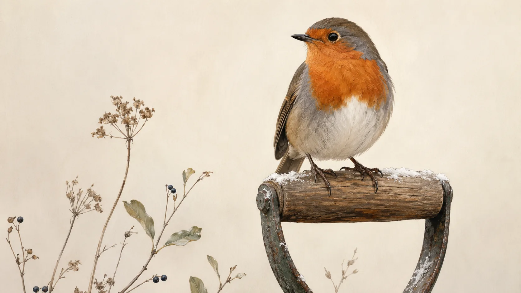 European Robin perched on a garden spade handle in winter, orange breast forward, in the Audubon style