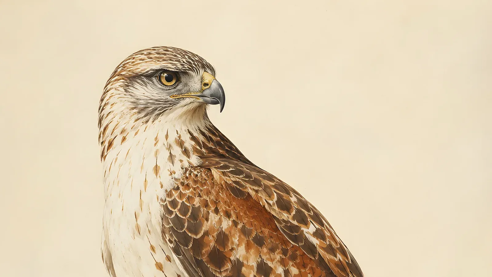 Ferruginous Hawk soaring over open grassland, pale underparts and rufous leggings visible, in the Audubon tradition