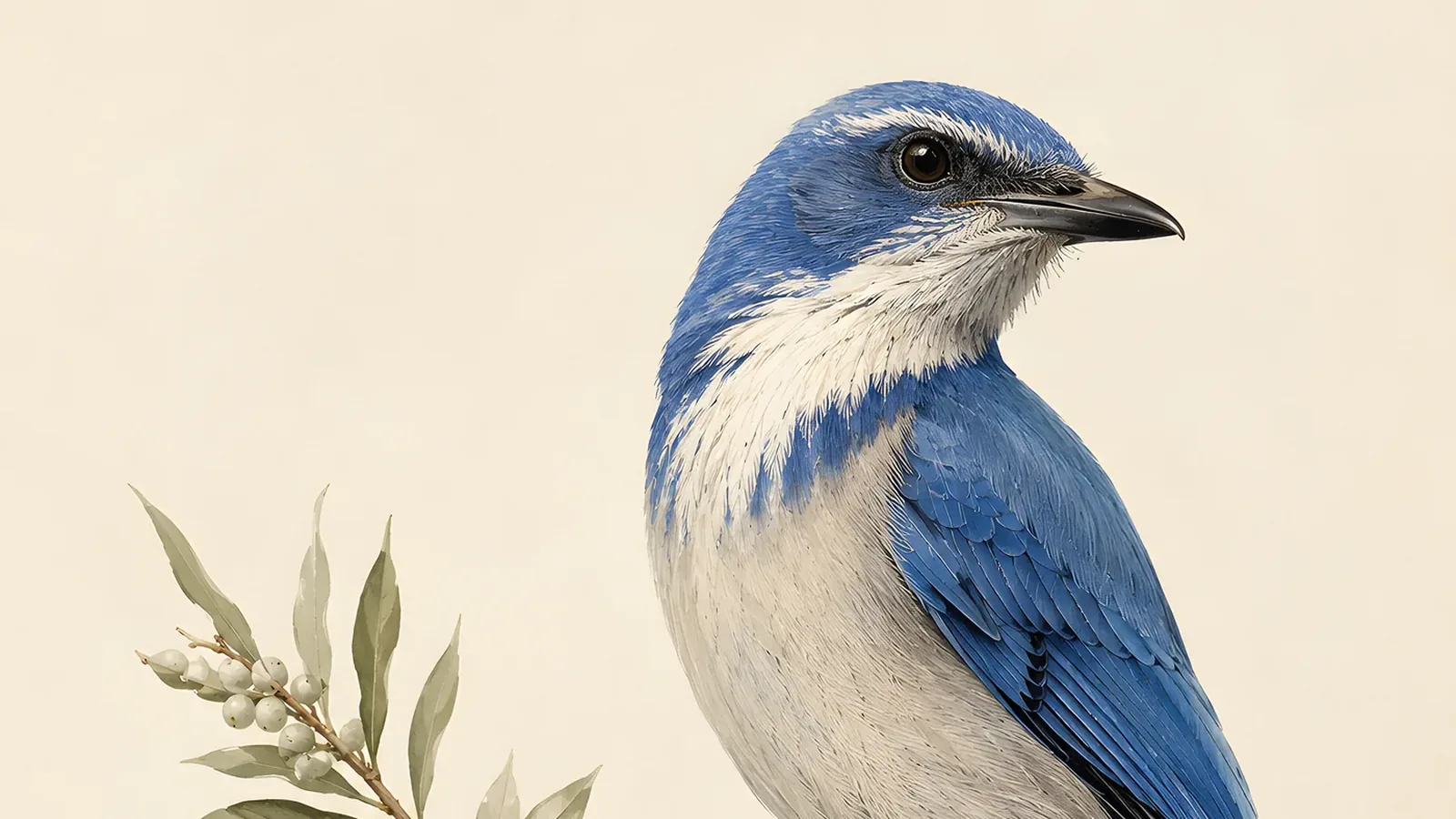 Florida Scrub-Jay perched on a low scrub oak in open sandy Florida scrub, in the Audubon style