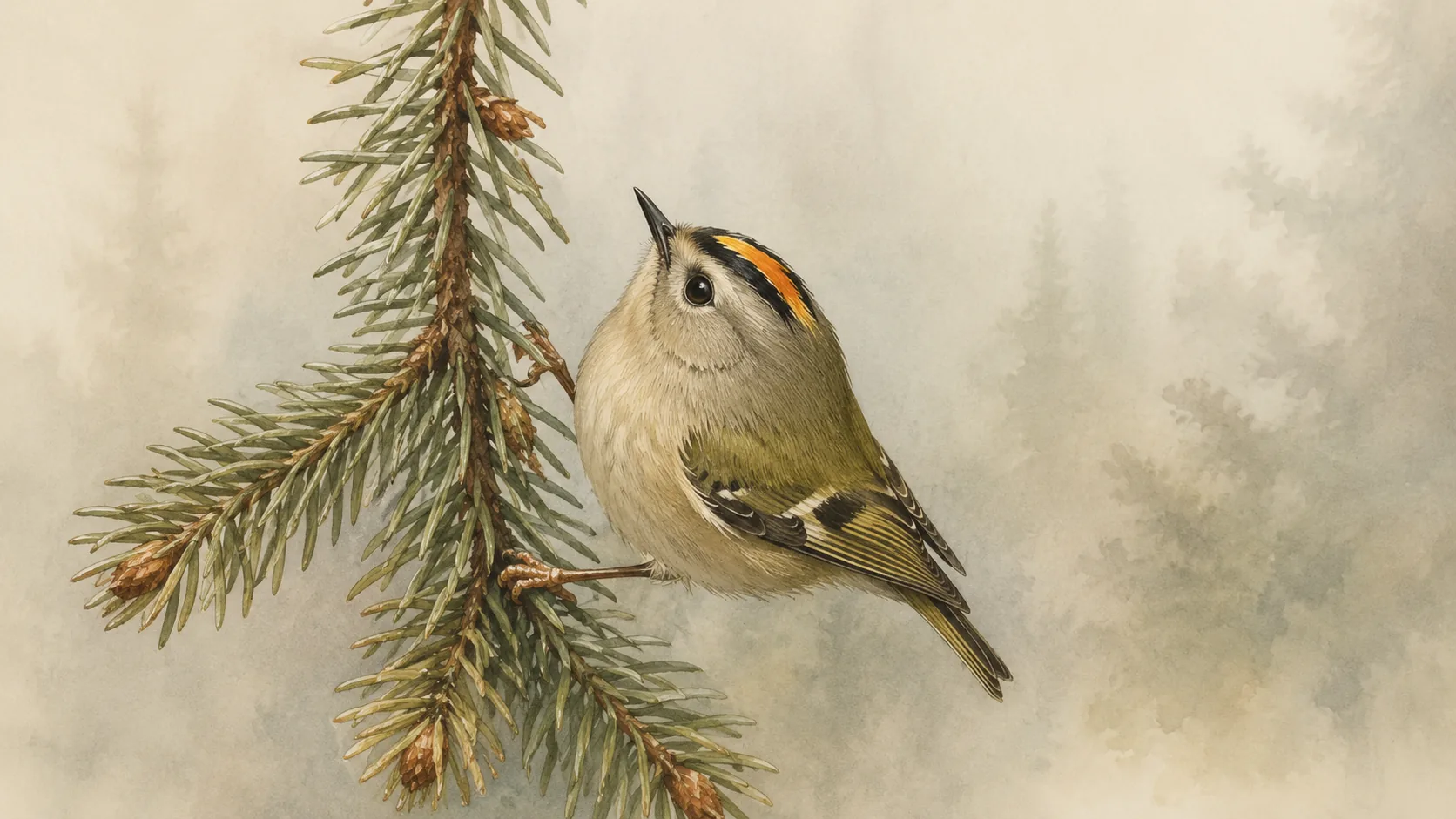Goldcrest clinging to a Norway spruce branch tip in autumn mist, crown stripe glowing orange, in the Audubon style