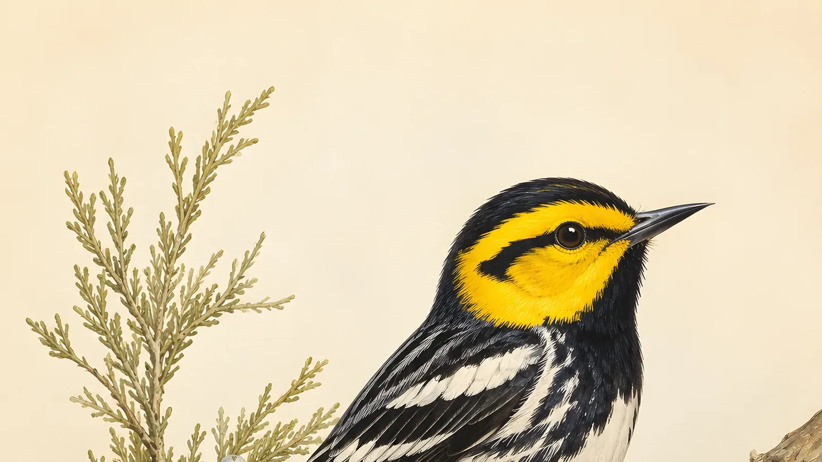 Fine-art plate of a male Golden-cheeked Warbler on an Ashe juniper branch, black-and-gold plumage vivid against peeling bark, in the Audubon style