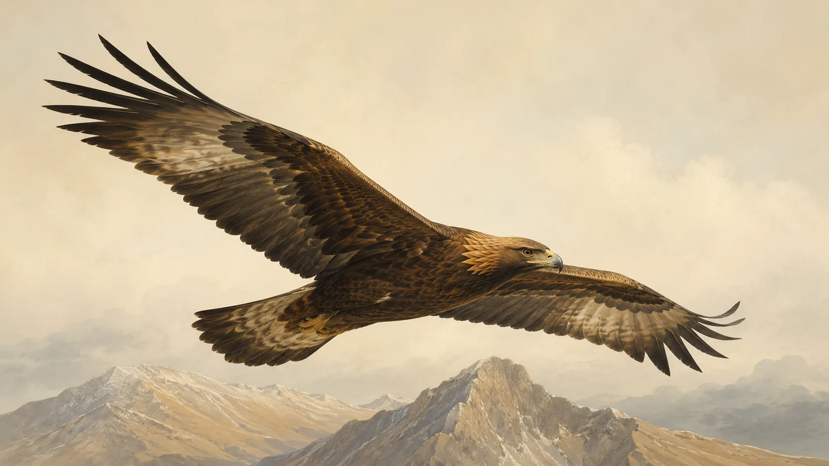 Golden Eagle adult in soaring flight over open mountain terrain, in the Audubon style