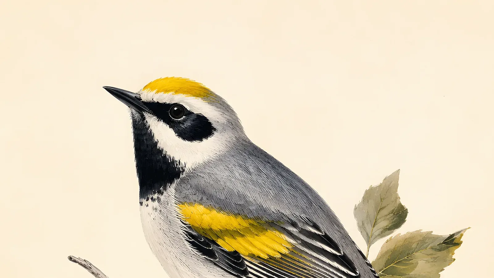 Fine-art plate of a male Golden-winged Warbler in breeding plumage, showing silver-grey back, bright yellow crown and wing-patch, and black mask and throat, in the Audubon tradition