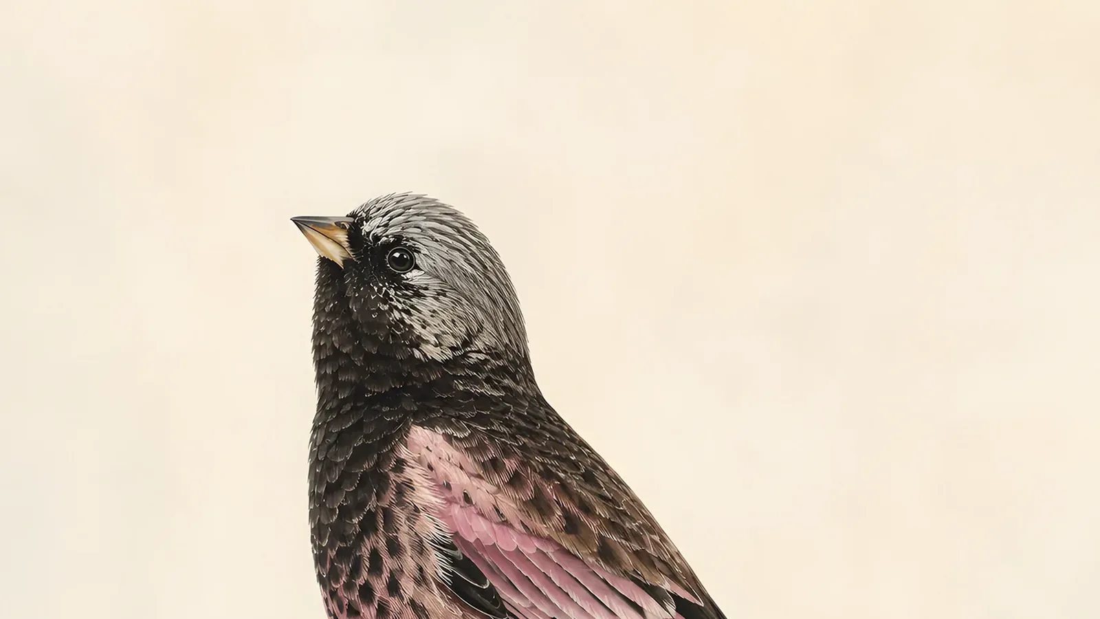 Gray-crowned Rosy-Finch foraging at the edge of a melting alpine snowbank, brown and rose plumage against white, in the Audubon style