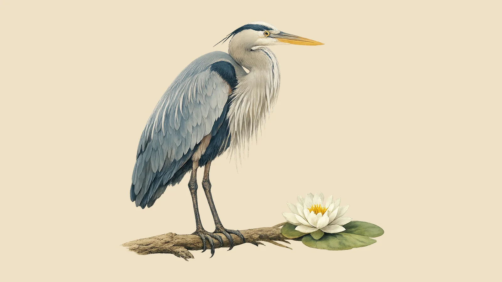 Great Blue Heron standing in shallow water, neck coiled in hunting posture, in the Audubon style