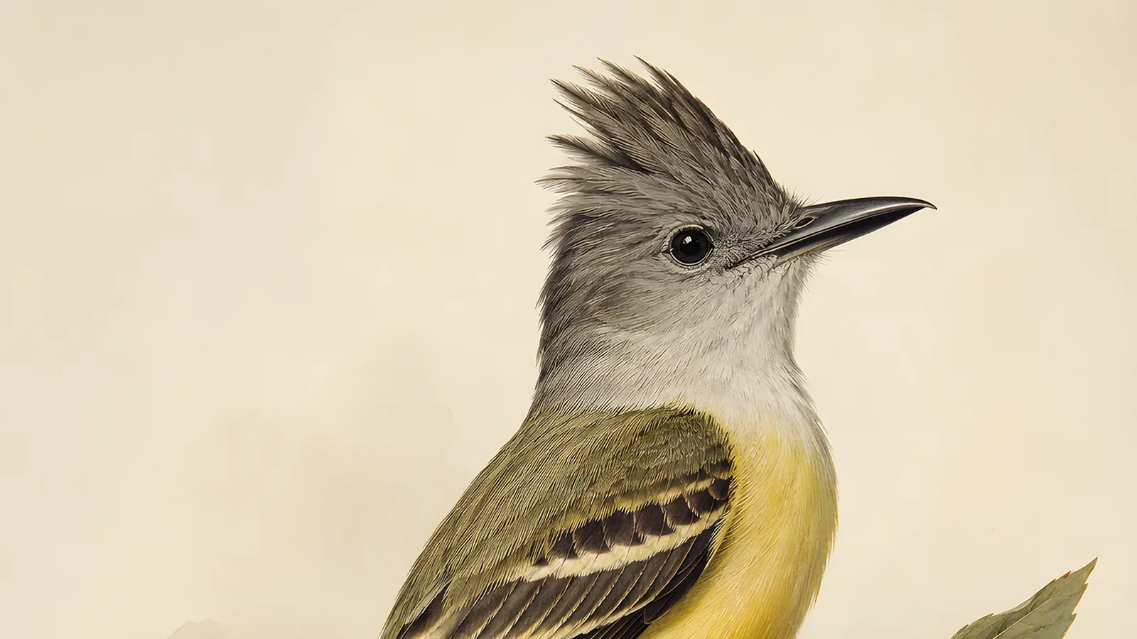 Great Crested Flycatcher perched at the entrance to a tree cavity in a sunlit eastern hardwood forest, in the Audubon style