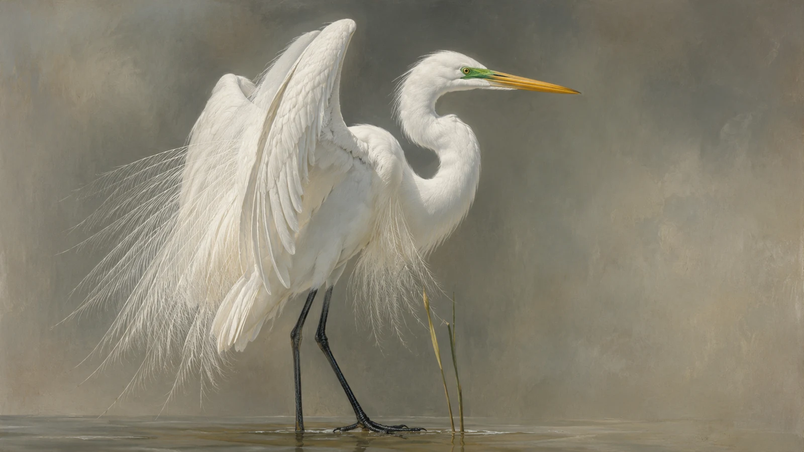 Great Egret standing in shallow marsh water, long aigrette plumes trailing from its back, in the Audubon style