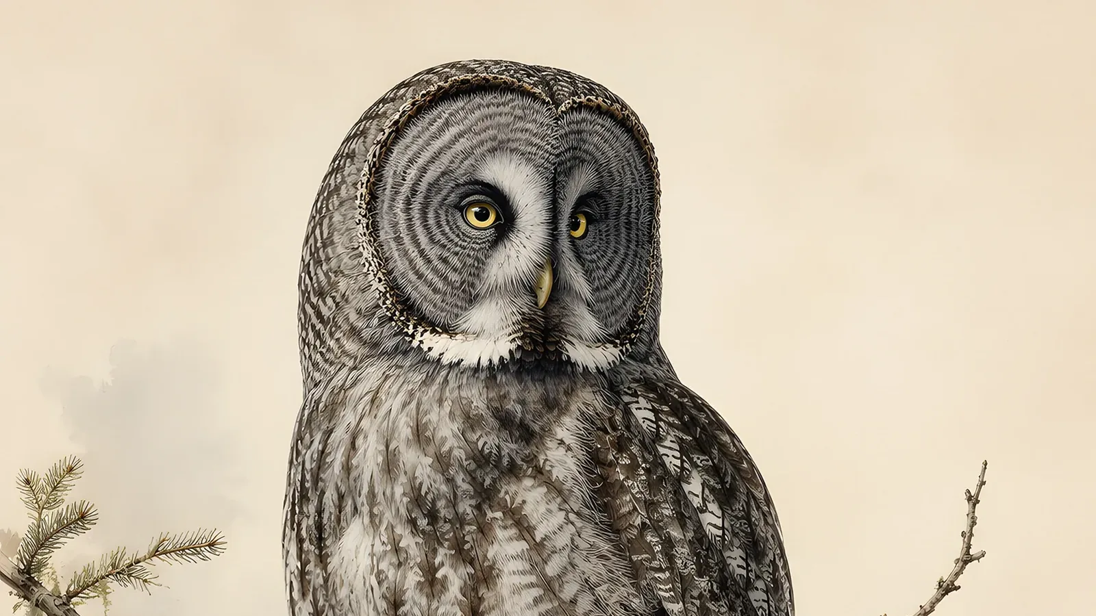 Great Gray Owl perched on a snow-dusted spruce bough in a boreal forest, immense round facial disc turned forward, yellow eyes fixed on the meadow below, in the Audubon plate tradition
