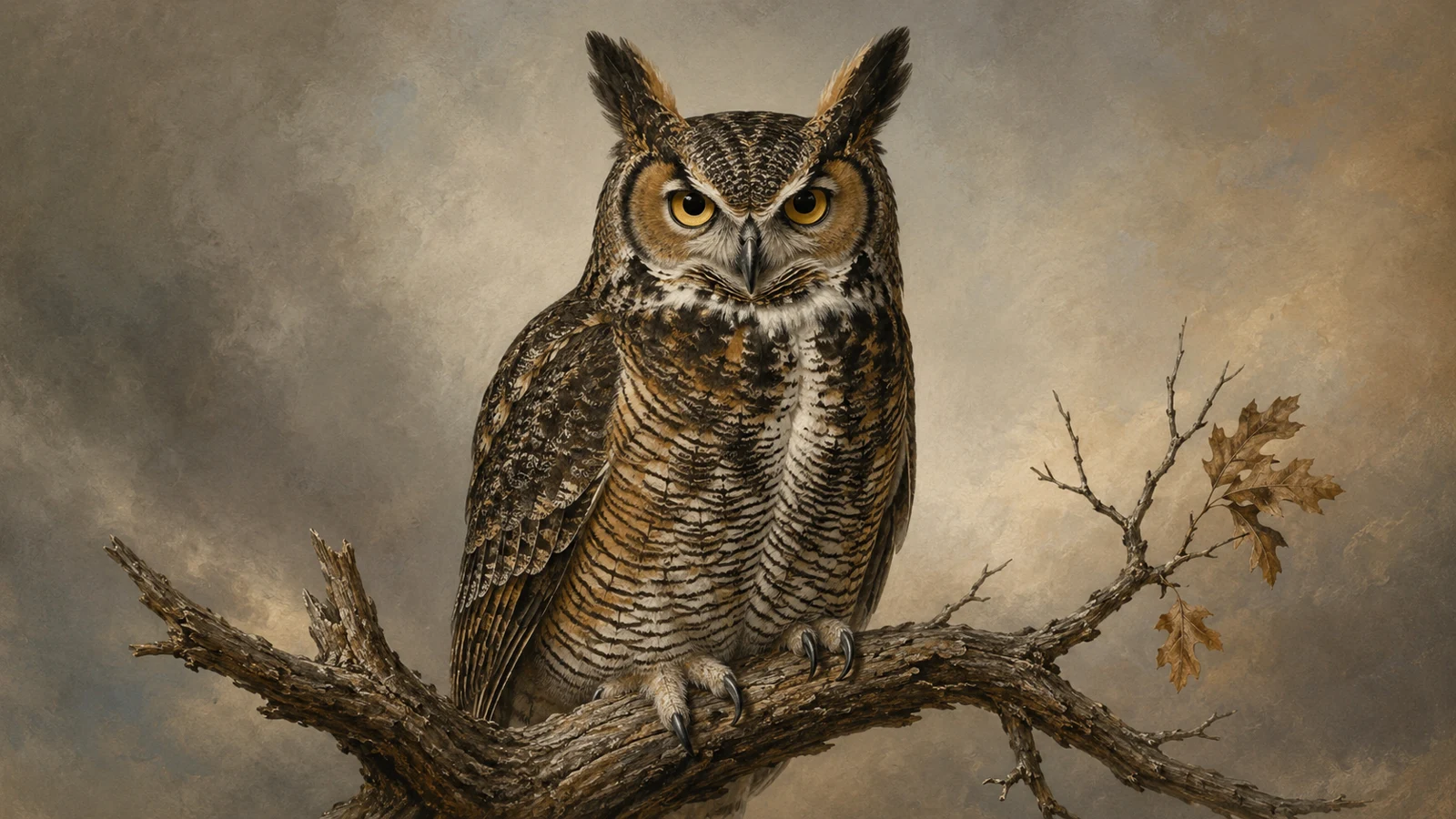 Great Horned Owl on a leafless oak at dusk, ear tufts raised, yellow eyes forward, in the Audubon style