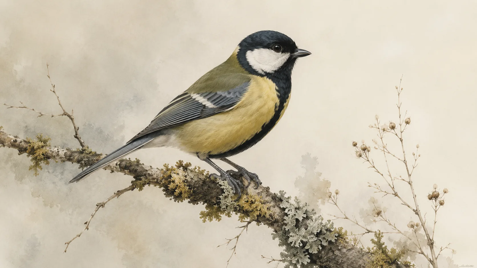 Great Tit perched on a mossy branch in winter woodland, in the Audubon style