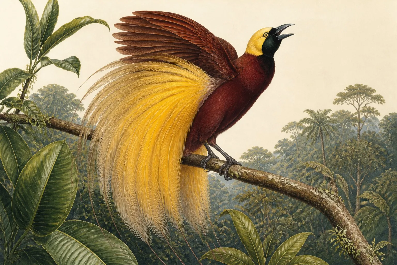 Male Greater Bird of Paradise displaying flank plumes on a forest lek perch, in the Audubon style