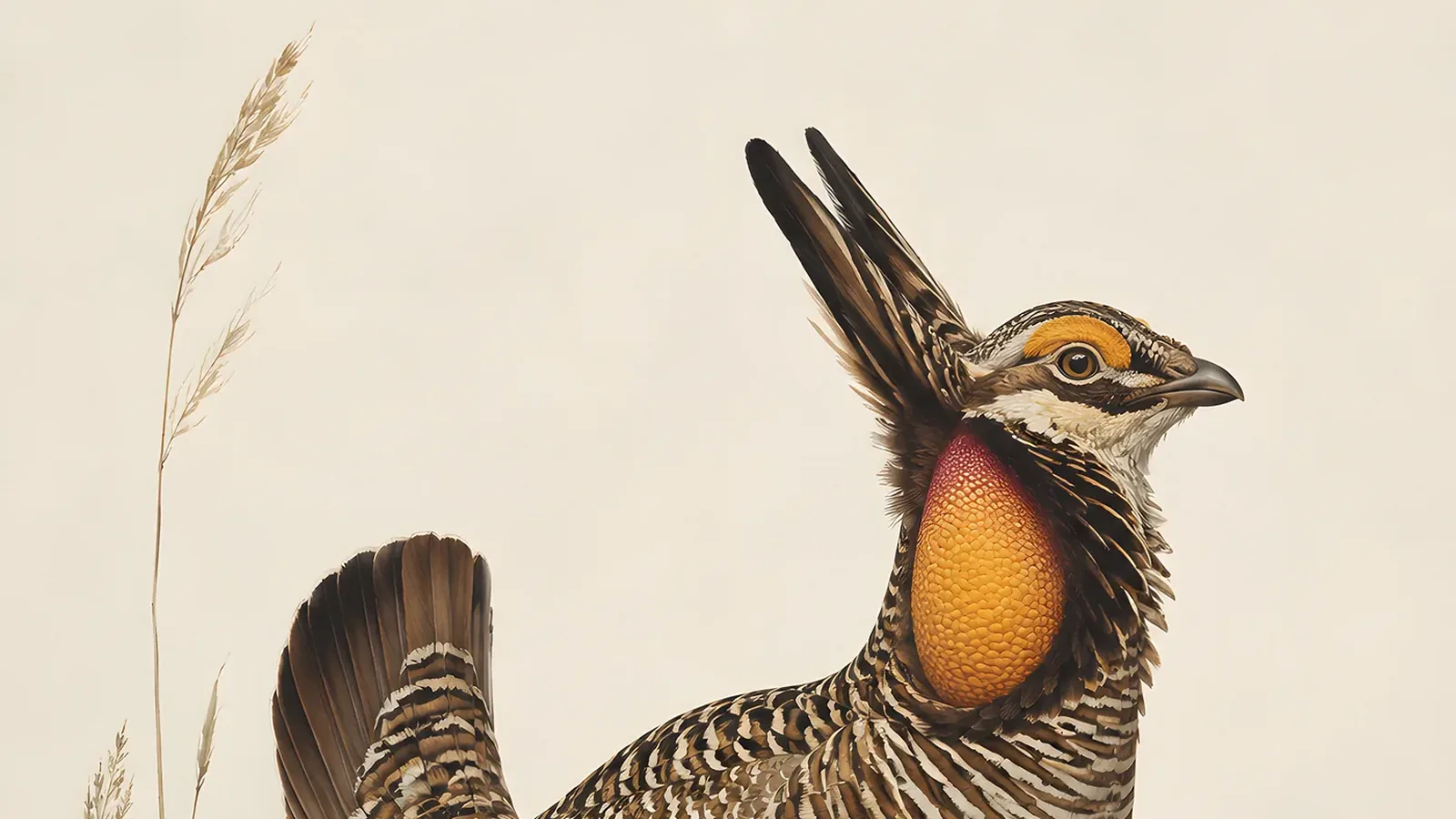 Greater Prairie Chicken male in booming display with orange neck sacs inflated, in the Audubon style