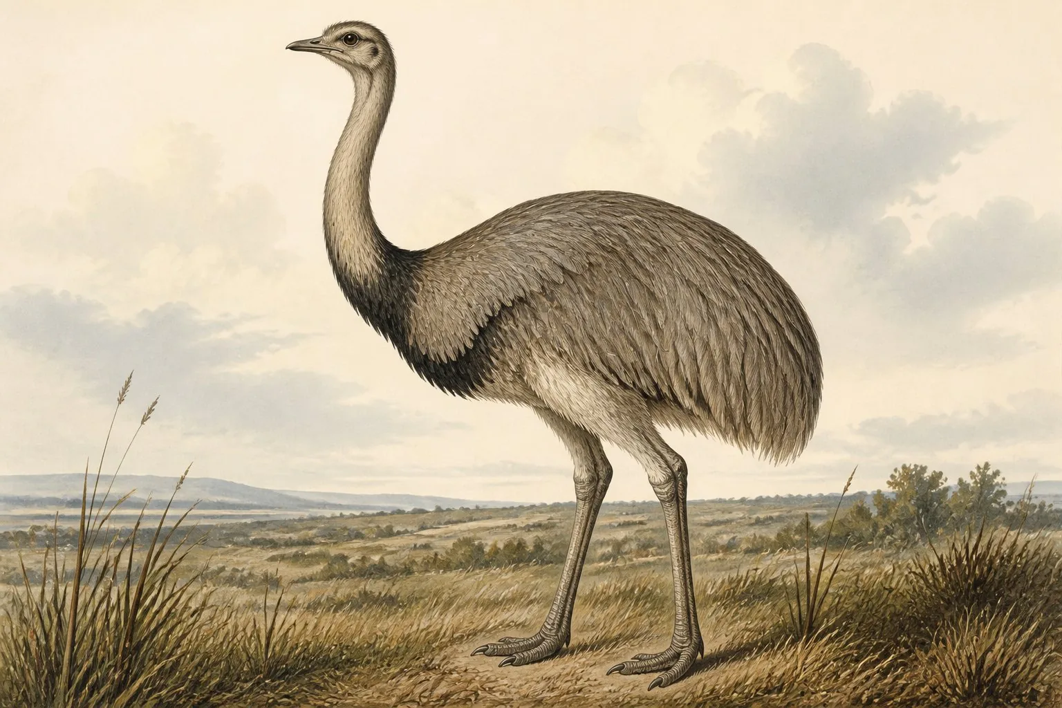 Greater Rhea standing in open pampas grassland, in the Audubon style