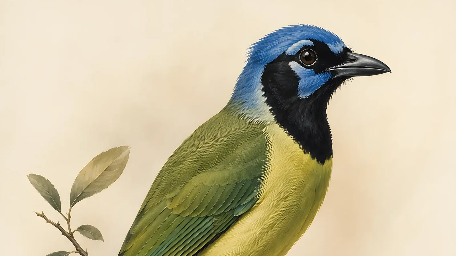 Green Jay perched on a mesquite branch in the Rio Grande thorn forest, showing vivid green body and blue-black head, in the Audubon tradition