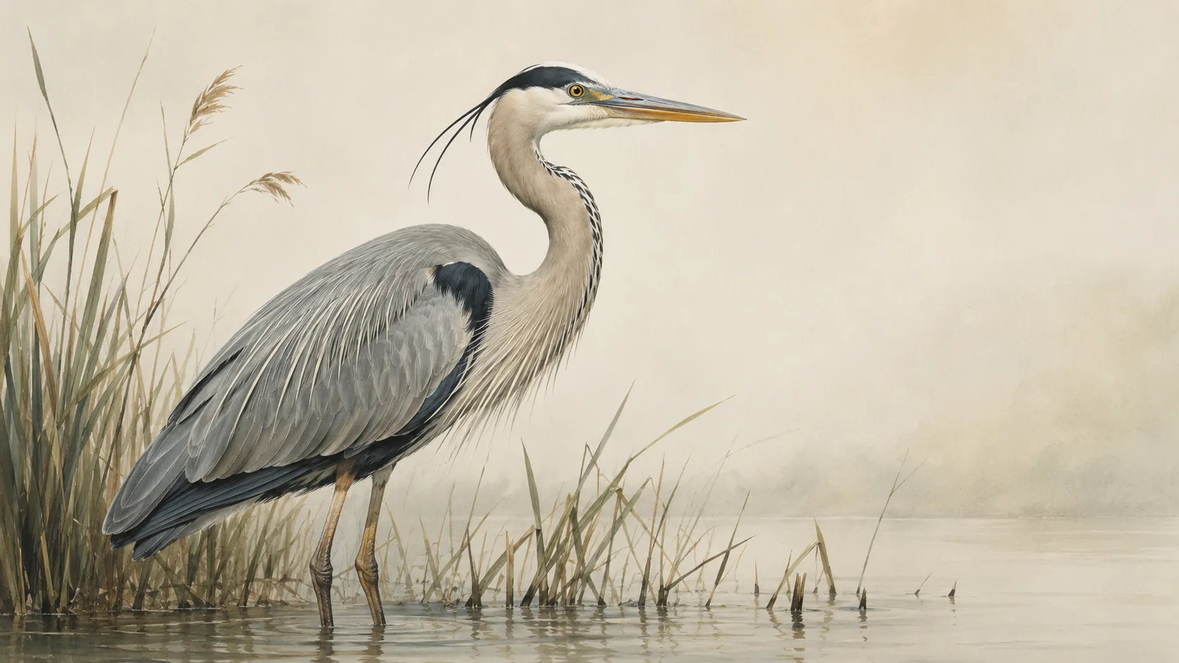 Grey Heron standing motionless at the water's edge in shallow reeds, in the Audubon style