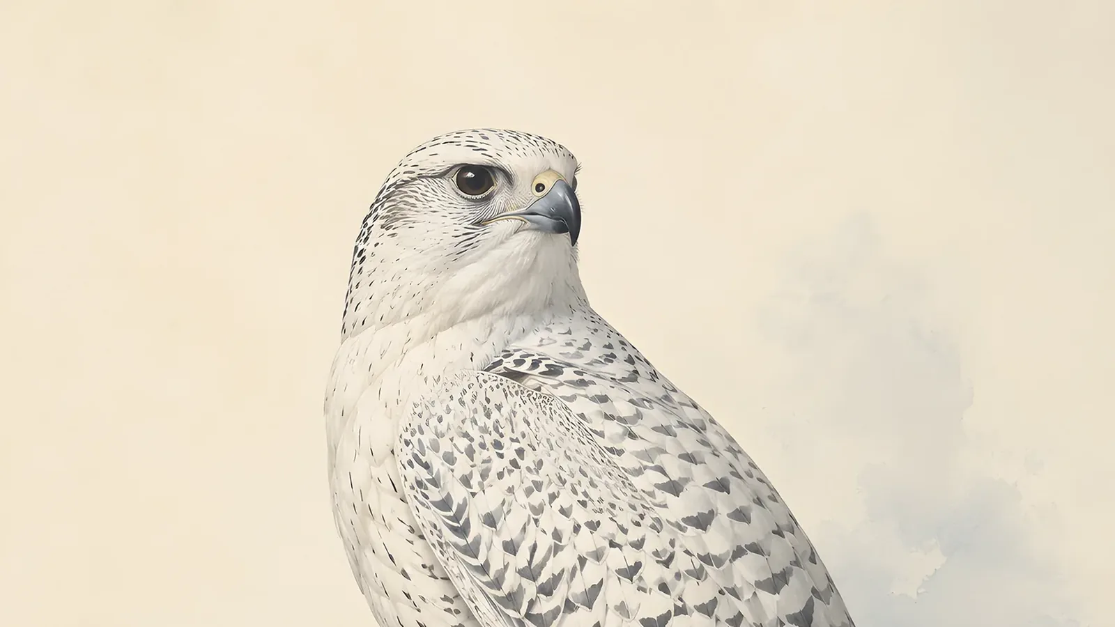 Gyrfalcon in white morph, banking low over Arctic tundra in Audubon field-study style