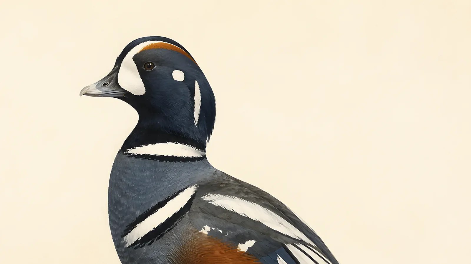 Male Harlequin Duck riding a fast mountain river current, slate-blue plumage with bold white crescents and chestnut flanks, in the Audubon style