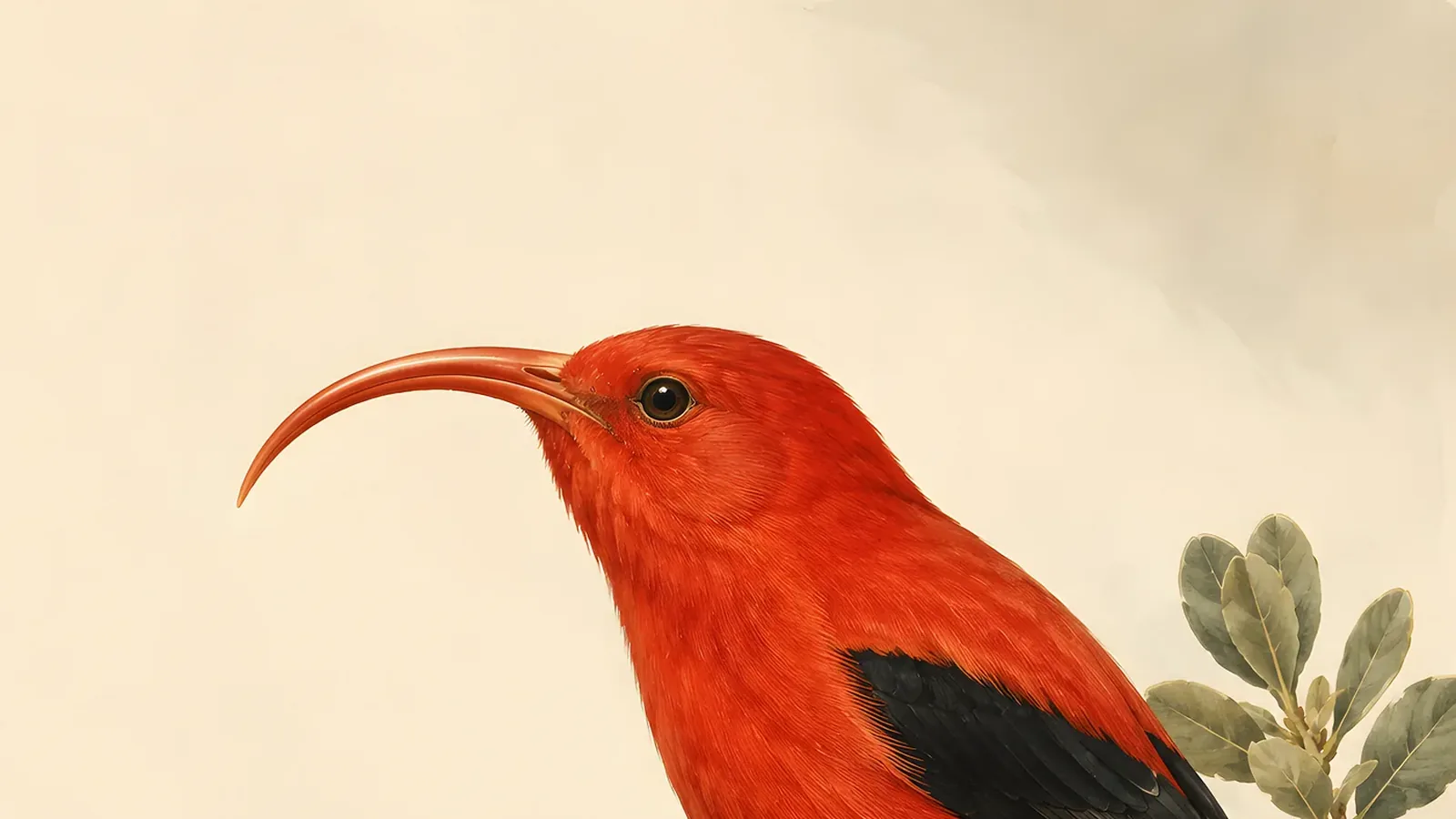 Scarlet Iiwi perched at an ohia lehua blossom, long salmon bill curved into the flower, painted in the Audubon field-plate tradition
