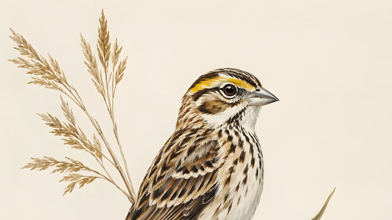 Henslow's Sparrow perched on a grass stem, head tilted back in song, in the Audubon style