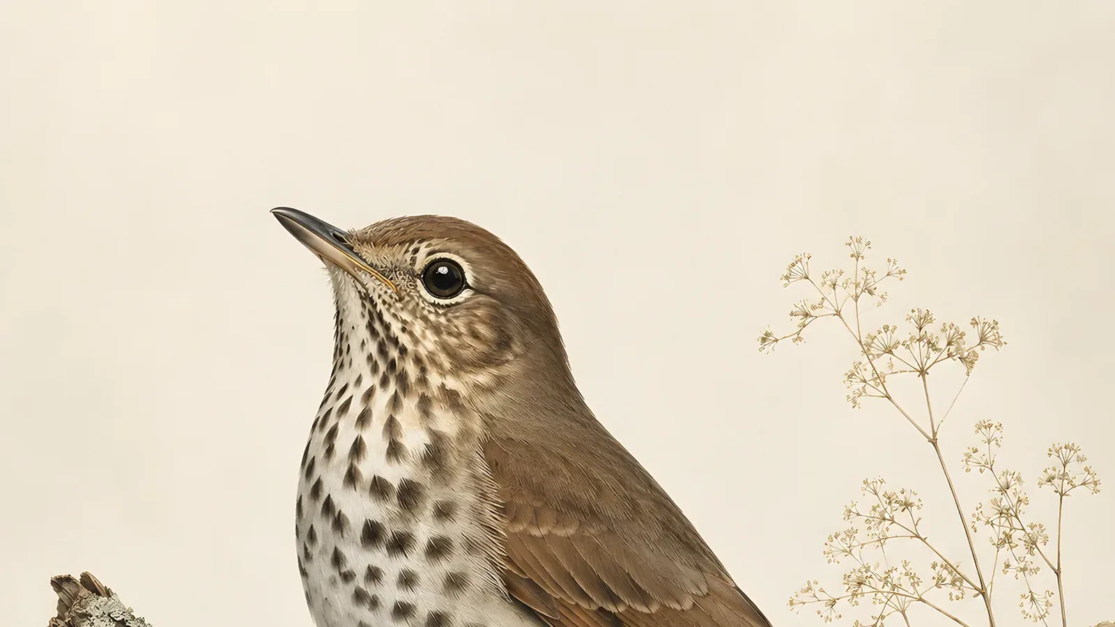 Hermit Thrush perched on a spruce branch at dusk, reddish tail slightly raised, Audubon plate style
