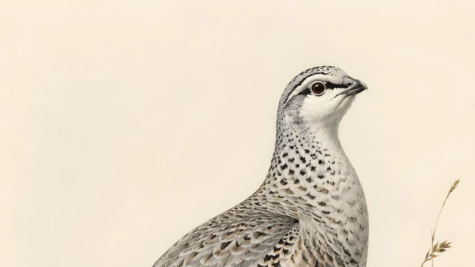 Himalayan Snowcock standing on a rocky alpine ridgeline above the Ruby Mountains of Nevada, in the Audubon style
