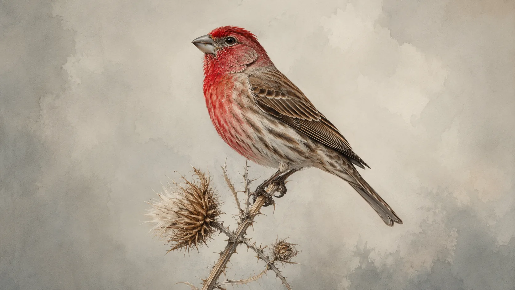 Male House Finch perched on a thistle stem, red head and breast glowing against winter grey, in the Audubon style