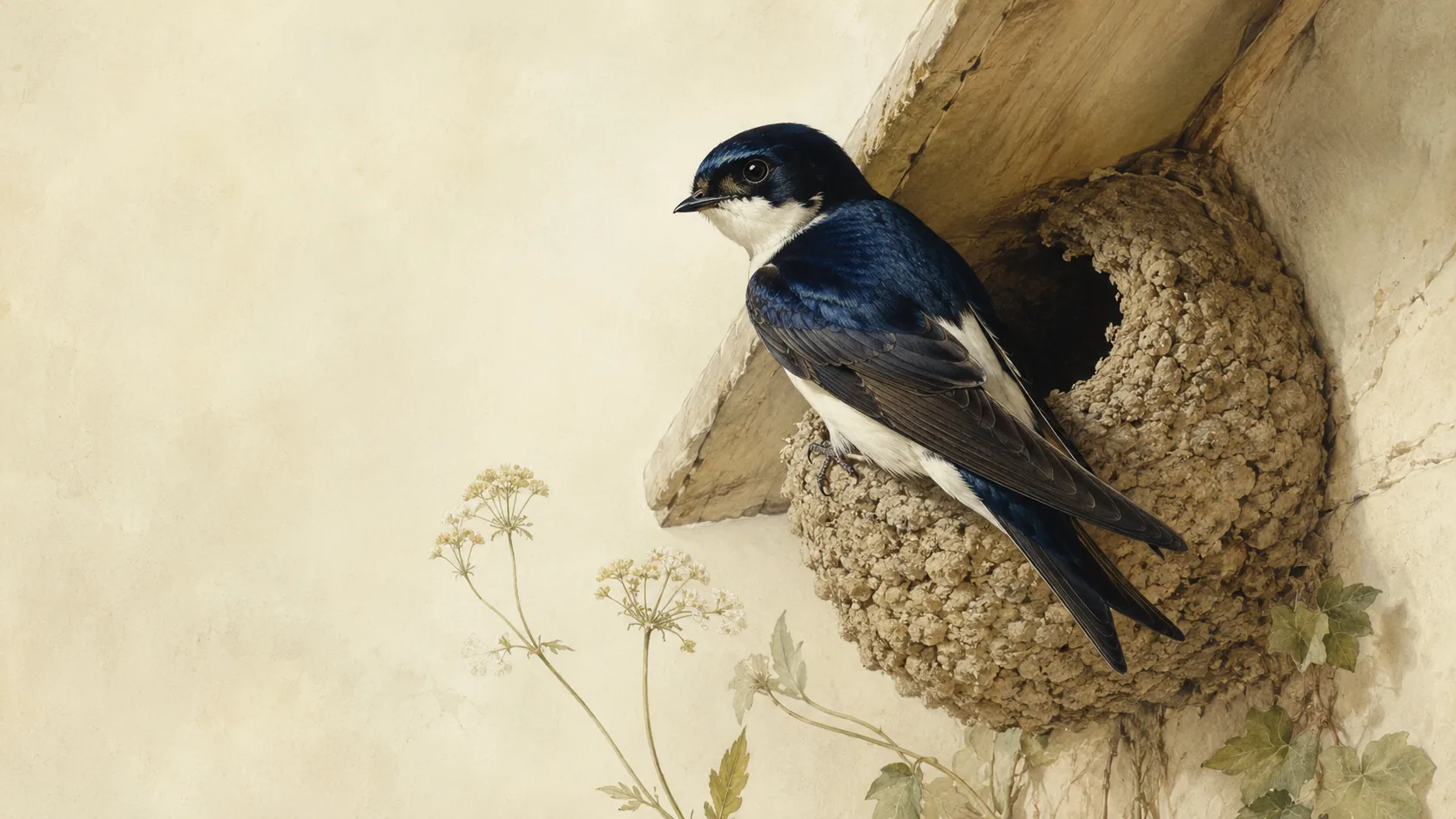 House Martin perched at its mud nest under a cottage eave, glossy blue-black back catching morning light, in the Audubon style