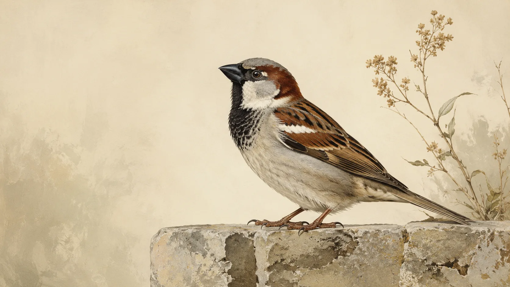 Male House Sparrow perched on a weathered stone wall, black bib prominent, in the Audubon style