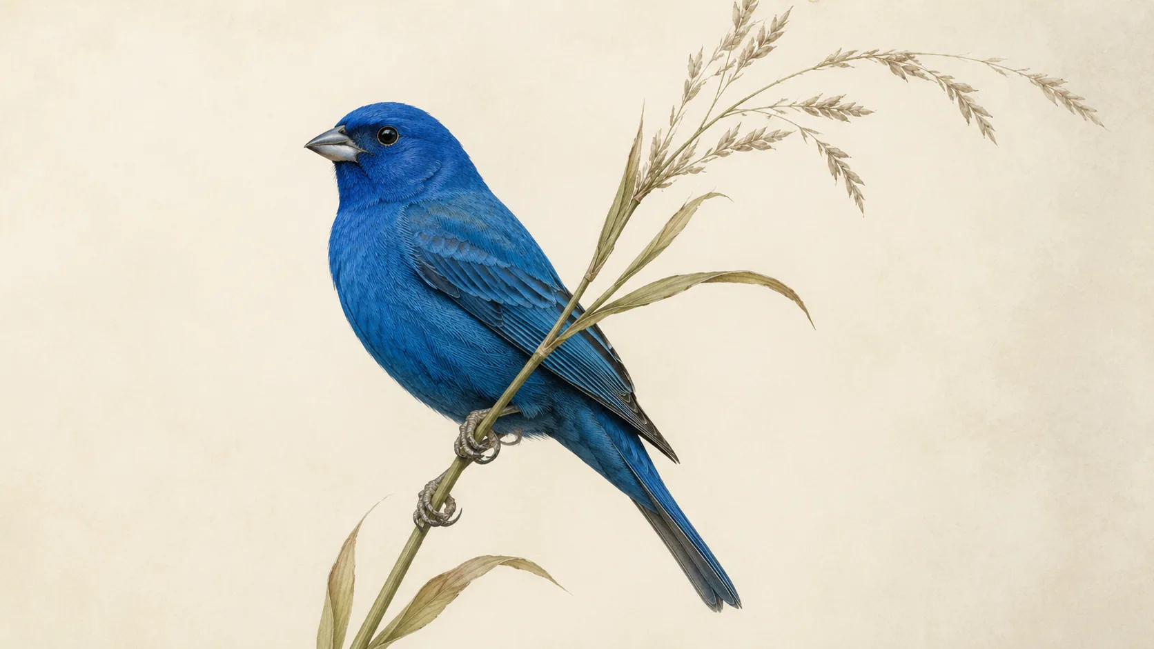 Male Indigo Bunting perched on a slender stem, brilliant all-over blue plumage, in the Audubon tradition