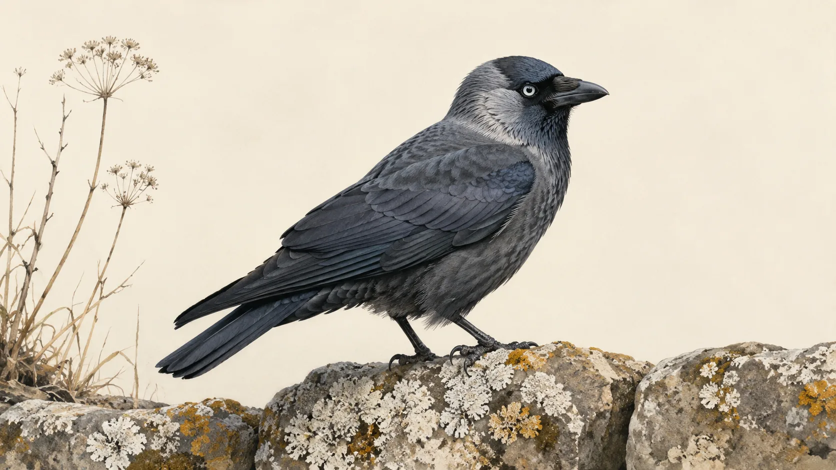 Western Jackdaw perched on a lichen-covered stone wall, pale silver eye catching the winter light, in the Audubon style
