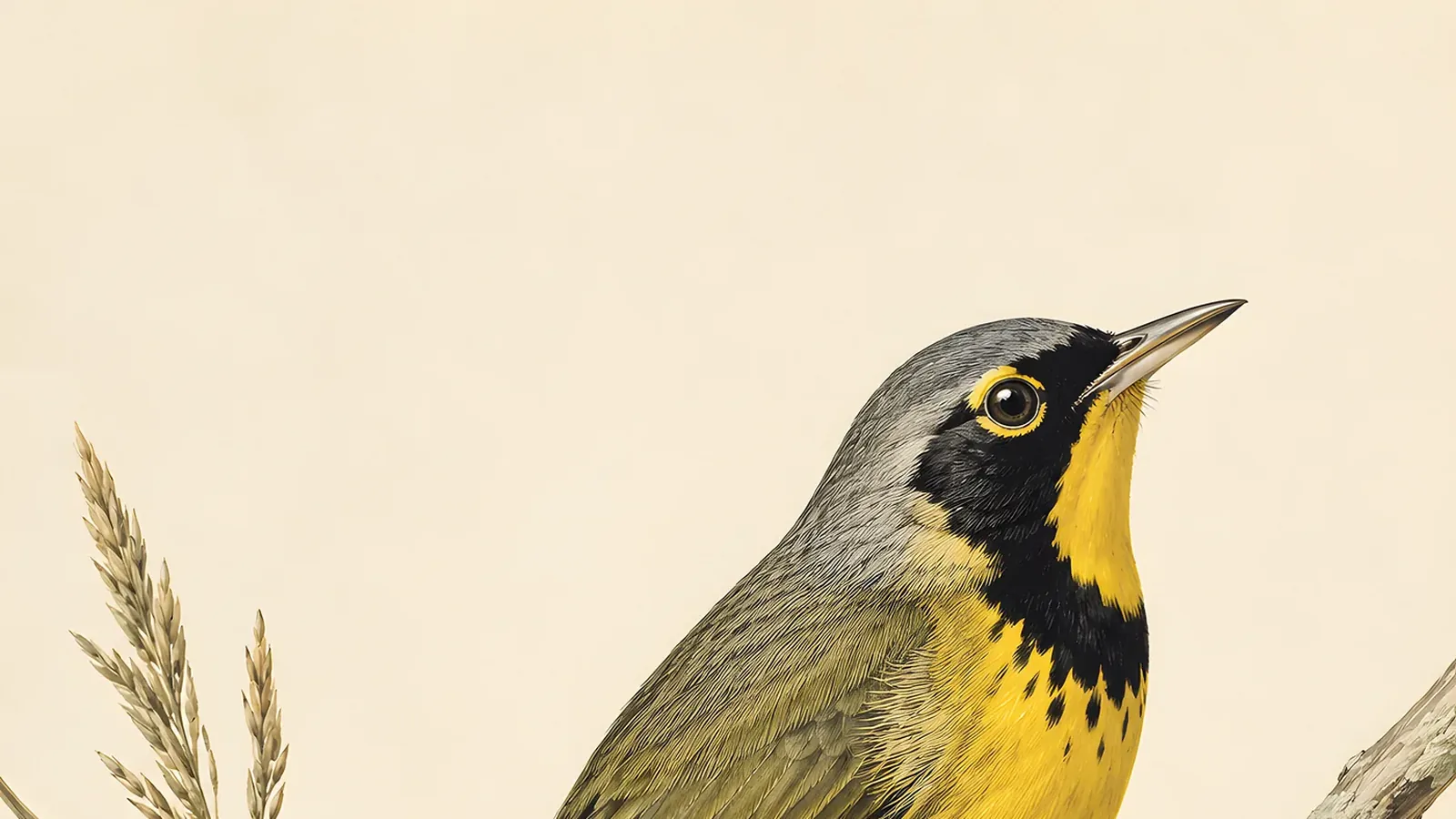 Fine-art plate of a male Kentucky Warbler in breeding plumage, olive above and brilliant yellow below, with bold black sideburns and yellow spectacles, in the Audubon tradition