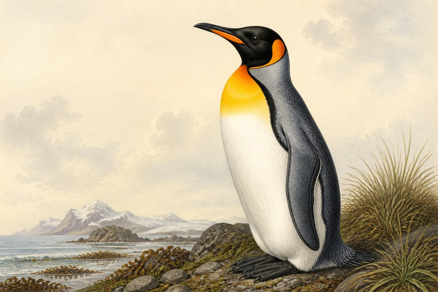 King Penguin standing on a subantarctic shore, orange ear patches vivid against black plumage, in the Audubon style