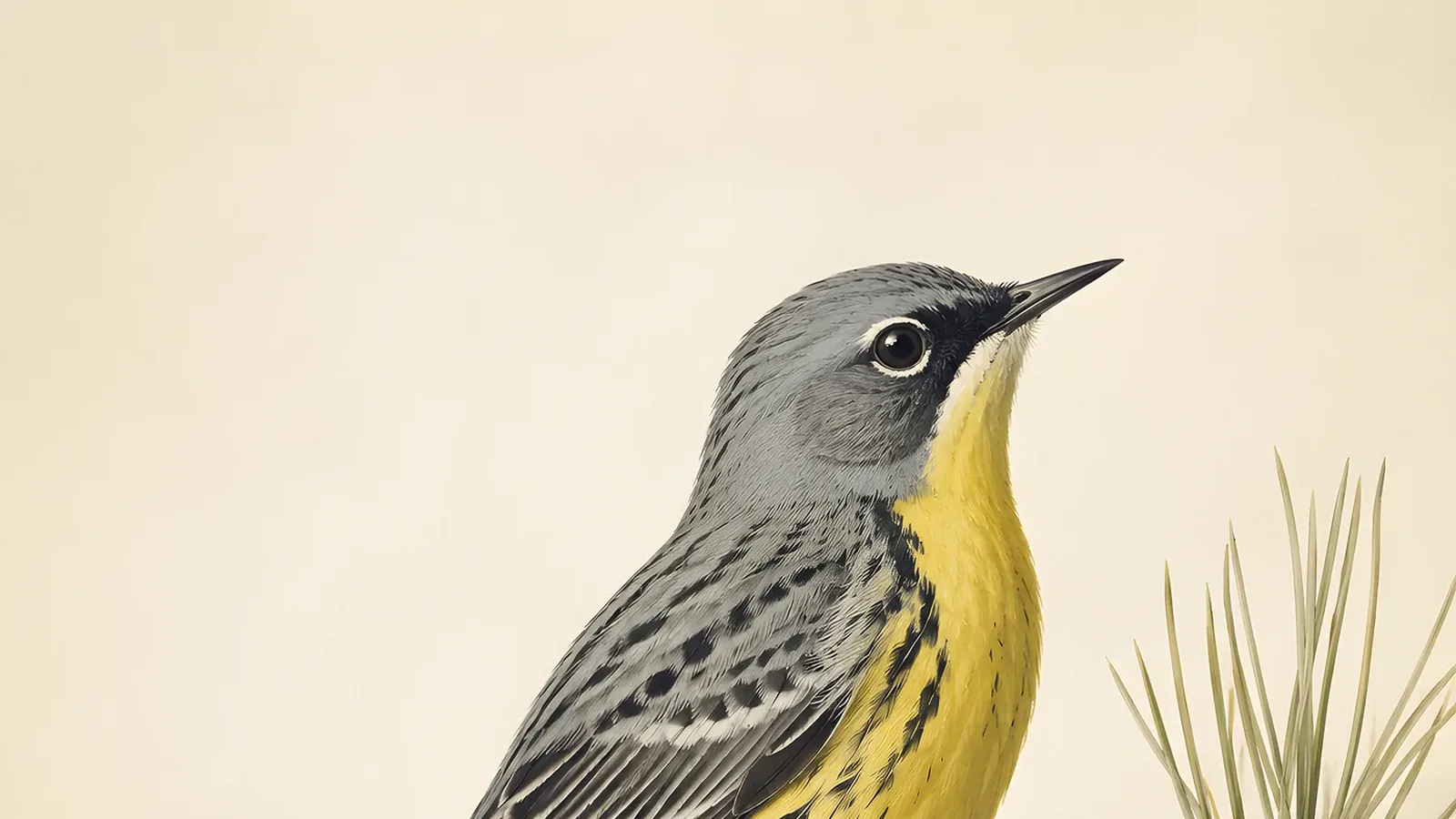 Male Kirtland's Warbler in blue-grey and yellow breeding plumage perched on a young jack pine branch over sandy Michigan ground, in the Audubon style