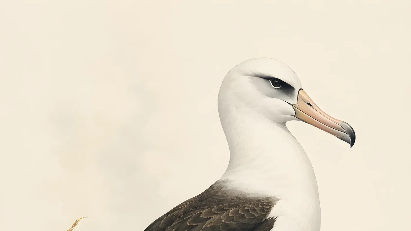 Laysan Albatross in flight over the North Pacific, white body and dark wings extended, in the Audubon style