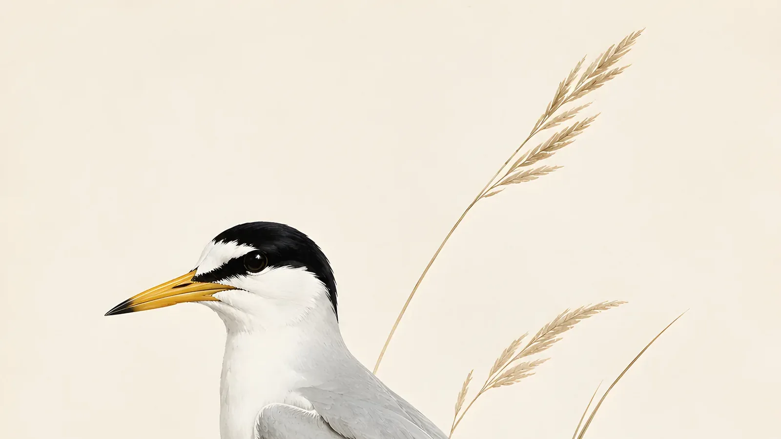 Audubon-style illustration of a Least Tern hovering above water, yellow bill angled downward