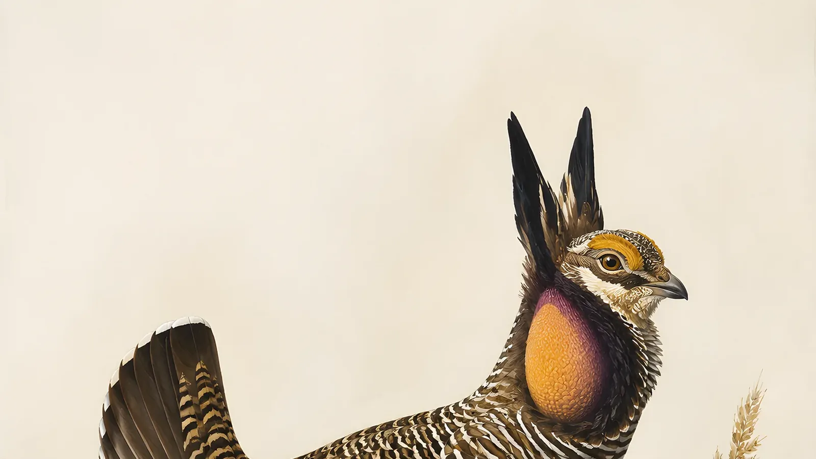 Male Lesser Prairie-Chicken in full lek display with reddish neck sacs inflated and pinnae erect, Audubon field-journal style
