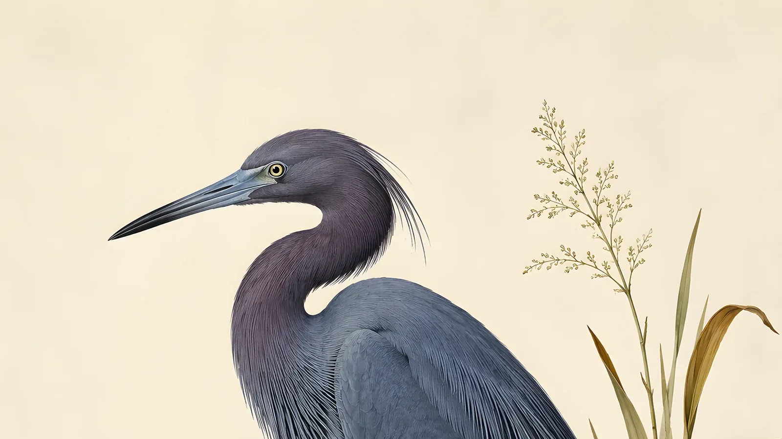 Little Blue Heron adult in slate-blue and purple plumage, stalking in shallow water, in the Audubon style