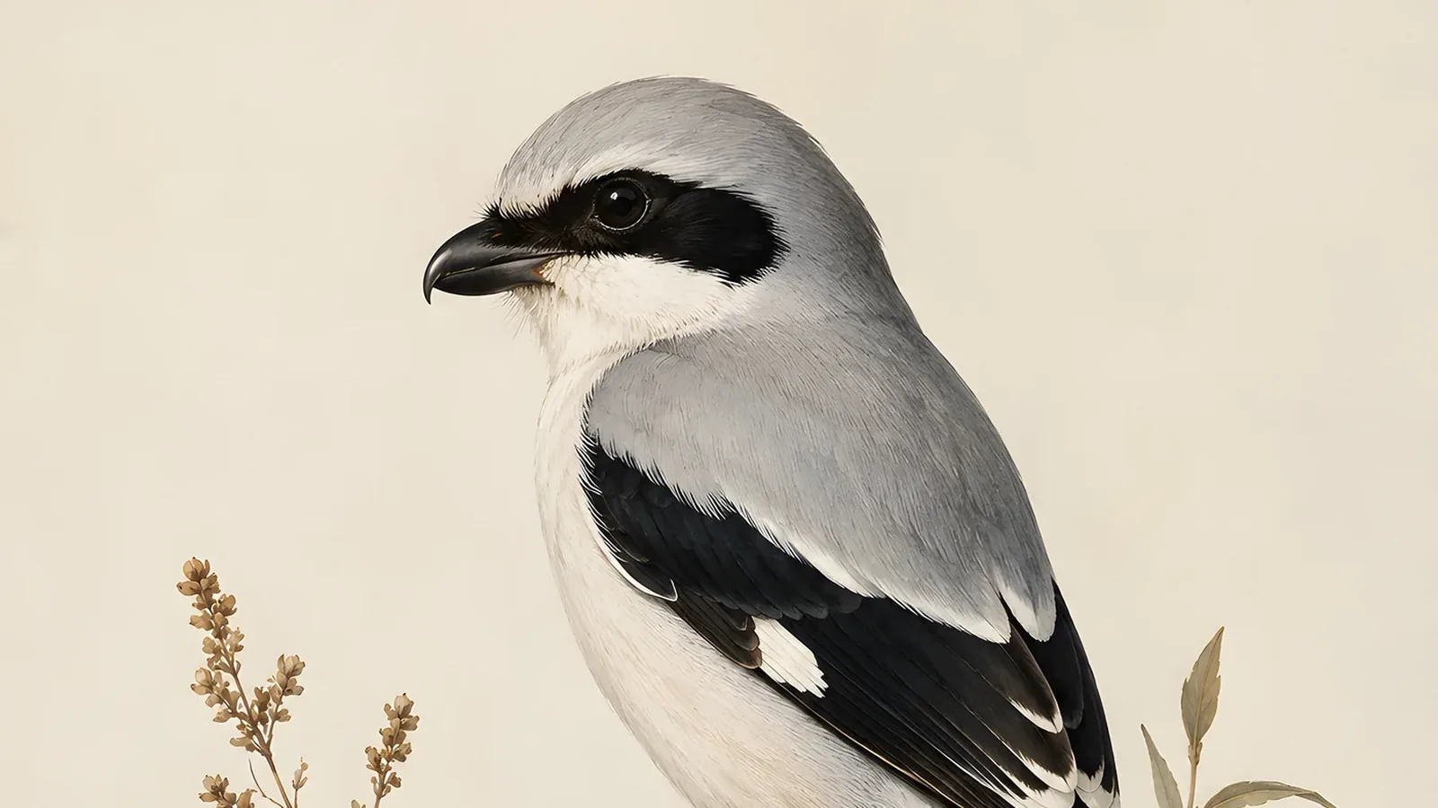 Loggerhead Shrike perched on a barbed-wire fence post in open grassland, in the Audubon plate tradition
