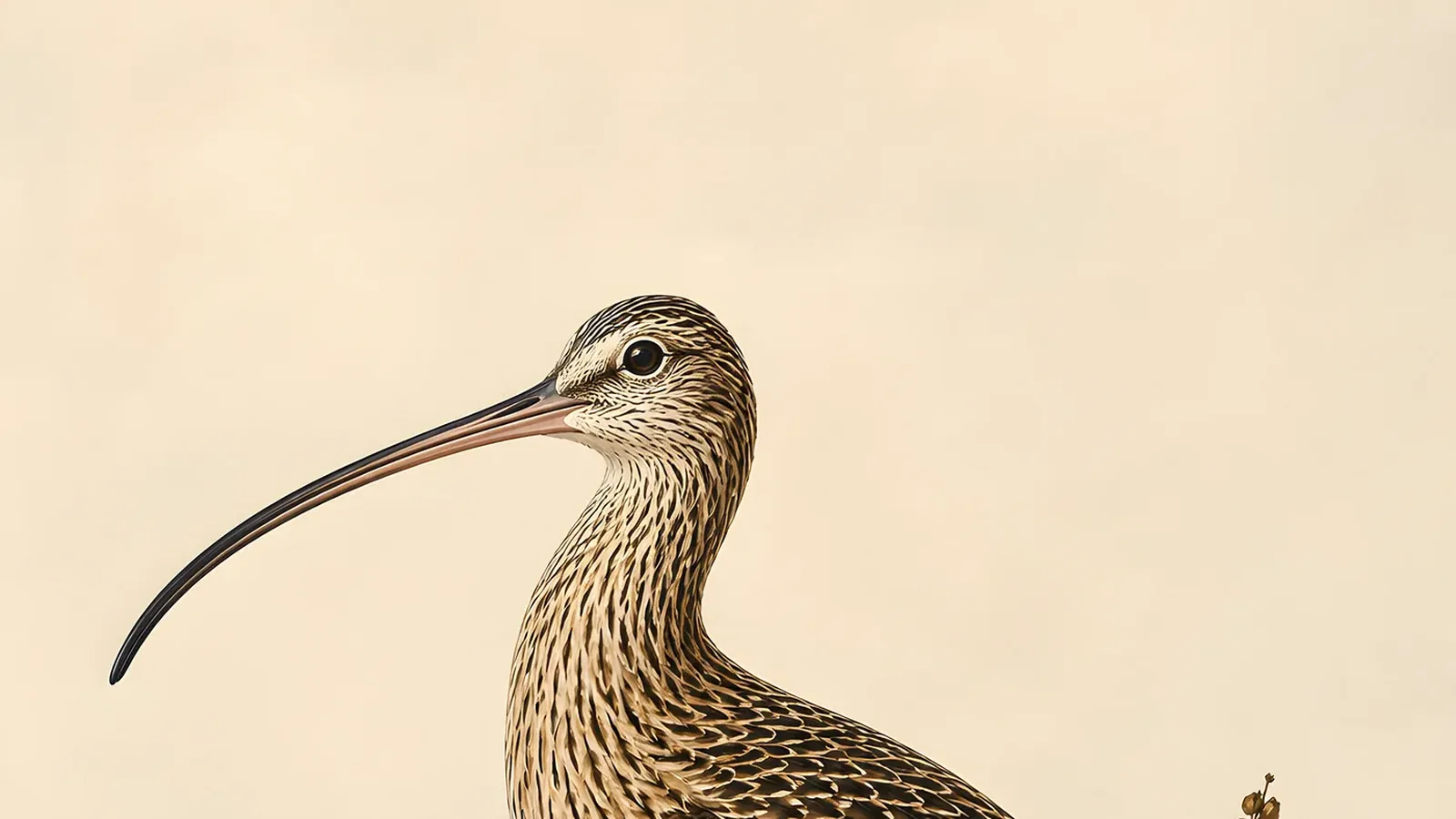 Long-billed Curlew standing on shortgrass prairie, its extraordinarily long down-curved bill catching the low western light, in the Audubon tradition