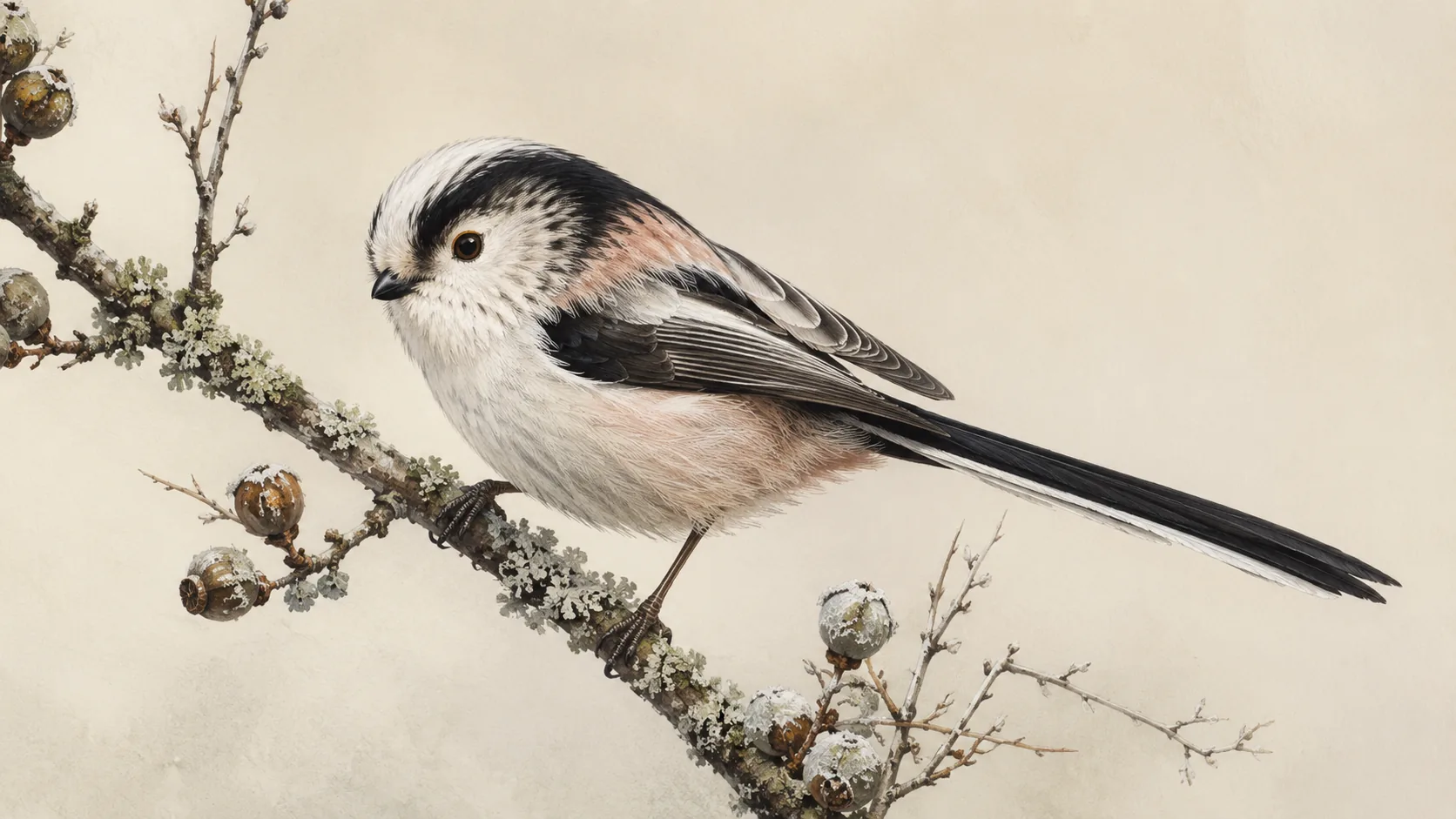 Long-tailed Tit clinging to a winter branch, in the Audubon style with cream ground and ink detail
