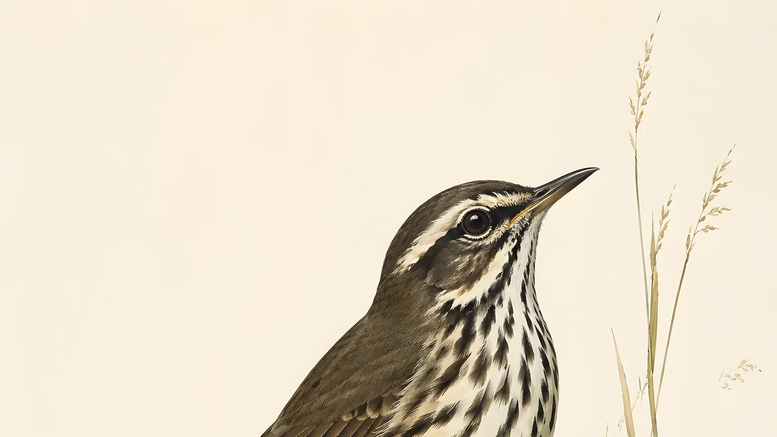 Fine-art plate of a Louisiana Waterthrush walking the edge of a clear woodland stream, in the Audubon style
