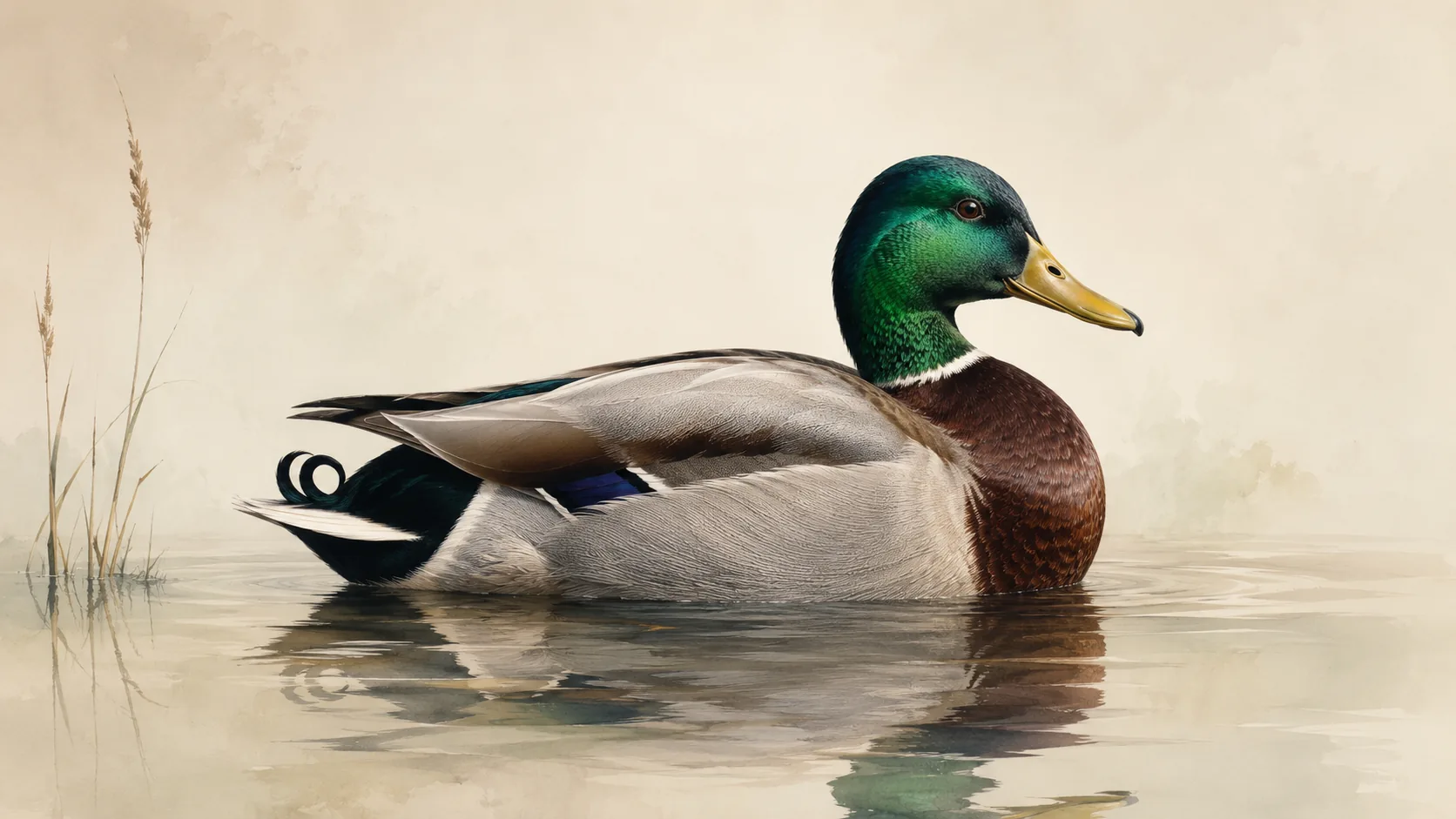Male Mallard drake on still water, iridescent green head reflecting the light, in the Audubon style