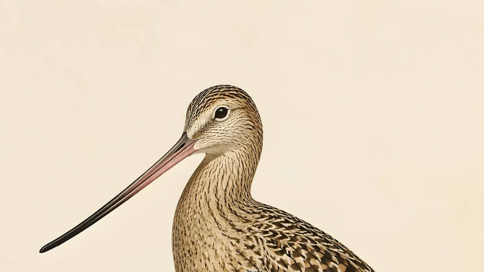 Marbled Godwit standing on a coastal mudflat, showing its long upturned bill and warm cinnamon plumage, in the Audubon style