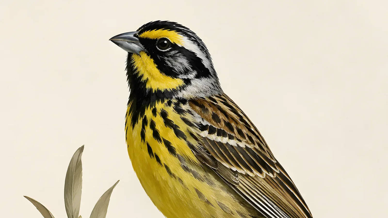 Near-white McKay's Bunting male on rocky Bering Sea tundra, only traces of black in the wing tips and tail, in the Audubon tradition