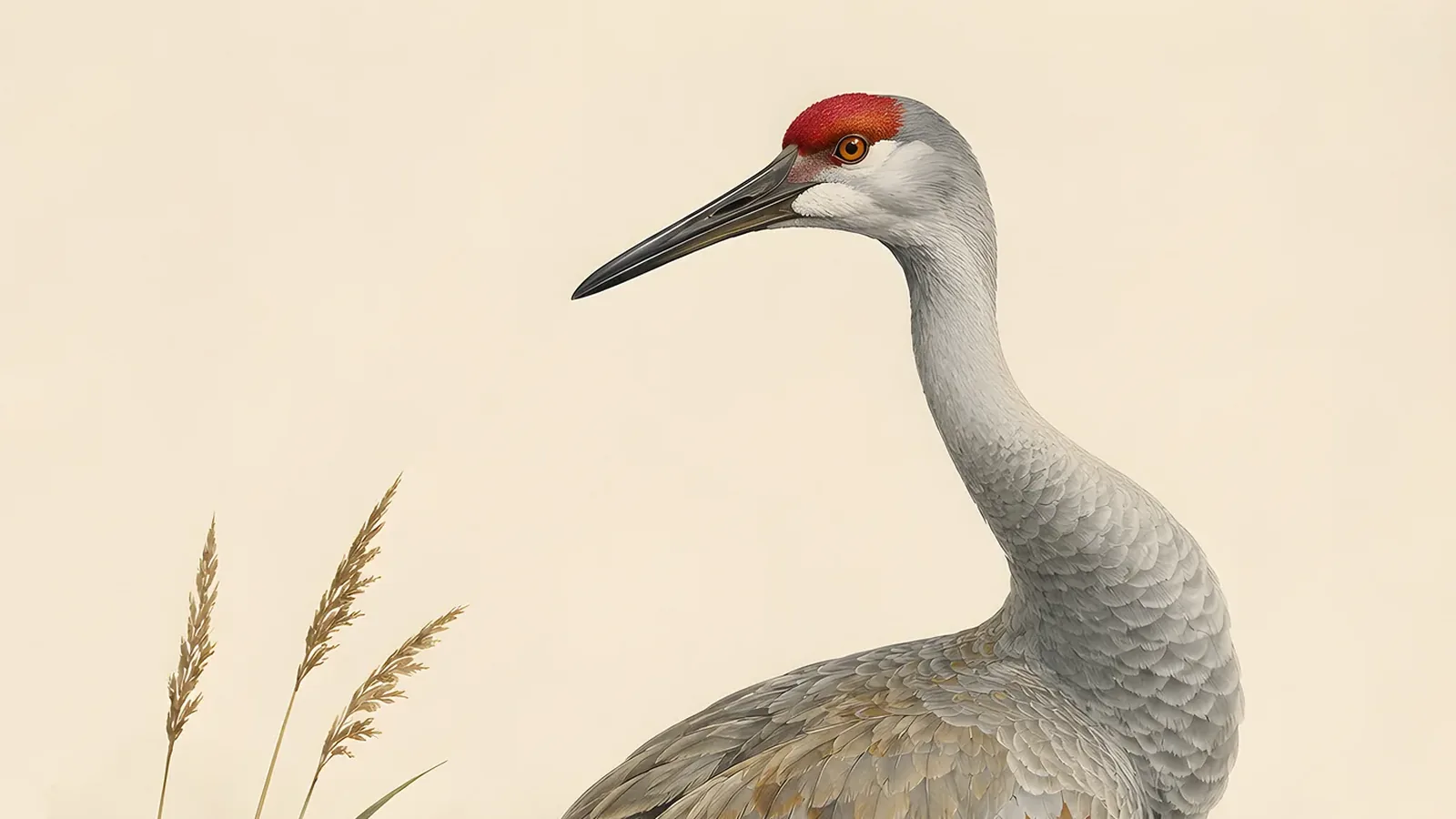 Mississippi Sandhill Crane standing in burned wet pine savanna, dark grey plumage, red crown, in the Audubon style